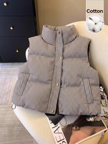 Muvela Women's Plaid Casual Versatile Winter Padded Vest - Brown - View 3