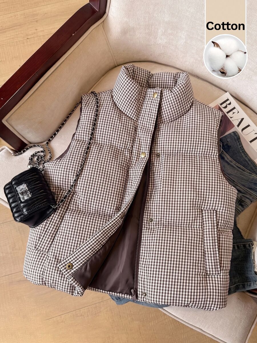 Muvela Women's Plaid Casual Versatile Winter Padded Vest - Brown - View 1
