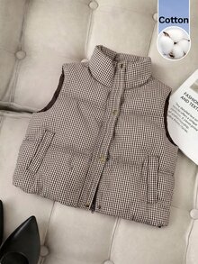 Muvela Women's Plaid Casual Versatile Winter Padded Vest - Brown - View 8