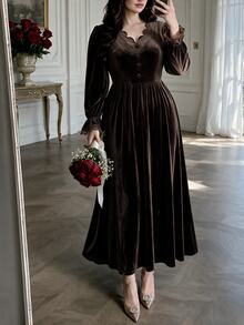 Cirelune Plus Size Women's Brown Velvet Long Sleeve Button-Up Lace Trim Cinched Waist A-Line Elegant Romantic Dress - Brown - View 5