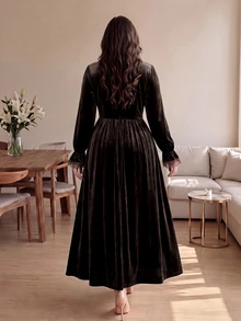 Cirelune Plus Size Women's Brown Velvet Long Sleeve Button-Up Lace Trim Cinched Waist A-Line Elegant Romantic Dress - Brown - View 3
