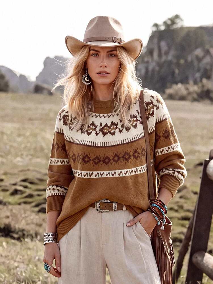 Wildy BOHO Casual Western Country Nomad Women's Fall Pattern Sweater For Outings Vacation And Commuting Cowgirl Outfits Going Out Brown And Cream - Multicolor - View 6