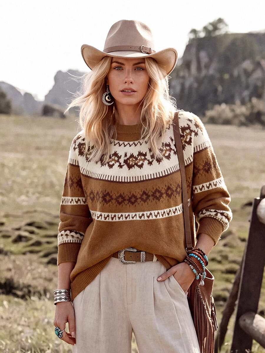 Wildy BOHO 休閒西式鄉村遊牧風女款秋季圖案毛衣,適合外出、度假與通勤,牛仔女郎外出穿搭,棕色與米白色 - 彩色 - 查看 1