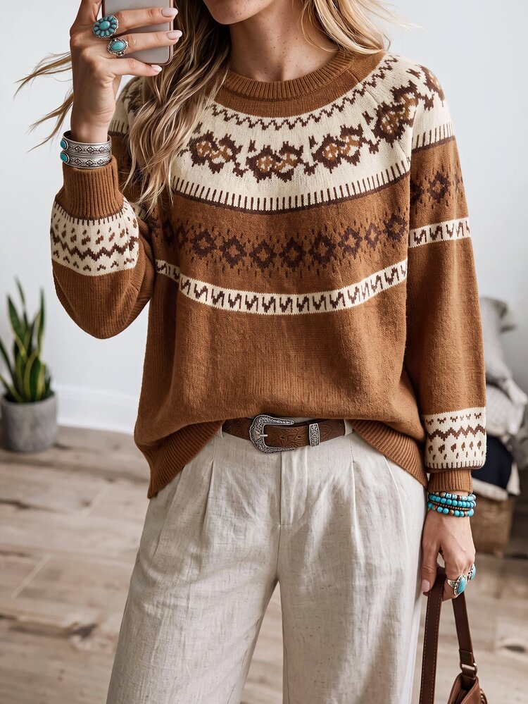 Wildy BOHO Casual Western Country Nomad Women's Fall Pattern Sweater For Outings Vacation And Commuting Cowgirl Outfits Going Out Brown And Cream - Multicolor - View 3