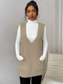 Rafferiza Women's Deep V-Neck Pocketed Solid Color Simple Comfortable Sweater Vest For Daily Casual Wear - Camel - View 10