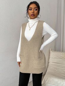 Rafferiza Women's Deep V-Neck Pocketed Solid Color Simple Comfortable Sweater Vest For Daily Casual Wear - Camel - View 5