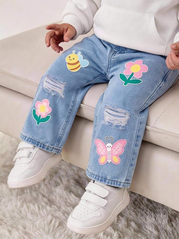 SHEIN 3pcs Baby Girl Knit Cardigan Jeans Cute Sweet Rainbow Pink 3D Floral Butterfly Long Sleeve V Neck Birthday Party Fall Holiday Beanie - Blue - View 5