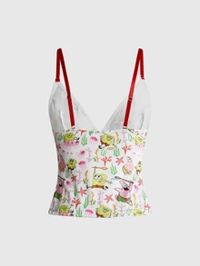 SpongeBob SquarePants | ROMWE Women's All-Over Print Camisole Top And Triangle Panty Sexy Lingerie Set - White - View 6