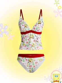 SpongeBob SquarePants | ROMWE Women's All-Over Print Camisole Top And Triangle Panty Sexy Lingerie Set - White - View 1