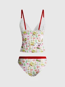 SpongeBob SquarePants | ROMWE Women's All-Over Print Camisole Top And Triangle Panty Sexy Lingerie Set - White - View 2