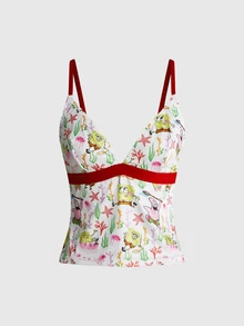 SpongeBob SquarePants | ROMWE Women's All-Over Print Camisole Top And Triangle Panty Sexy Lingerie Set - White - View 5