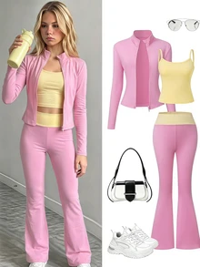 SHEIN TEEN Girls Autumn Outfits Pink Three Pieces Set Stand-Up Collar Jacket Tank Top Slightly Flared Pants School Athletic Pastel Off Campus Butter Yellow - Pink - View 5