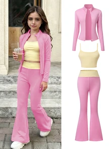 SHEIN TEEN Girls Autumn Outfits Pink Three Pieces Set Stand-Up Collar Jacket Tank Top Slightly Flared Pants School Athletic Pastel Off Campus Butter Yellow - Pink - View 2