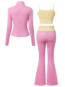 SHEIN TEEN Girls Autumn Outfits Pink Three Pieces Set Stand-Up Collar Jacket Tank Top Slightly Flared Pants School Athletic Pastel Off Campus Butter Yellow - Pink - View 3