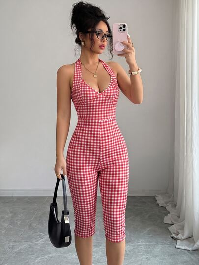 Elenzga Women's Polka Dot Halter Jumpsuit,Slim Fit Shaping Outdoor&Commute Red And White Plaid,Summer,90s Retro,Vacation Comfortable Casual Jumpsuit
