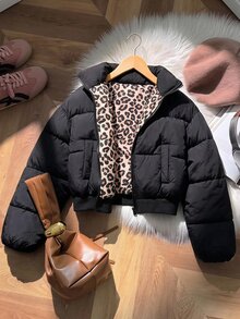SHEIN Sparklyn Teen Girls Long Sleeve Fleece Casual Cute Streetwear Hooded Padded Coat, Leopard Print Lining, Pocket Zipper Design, Winter Wear Work Black - Black - View 2