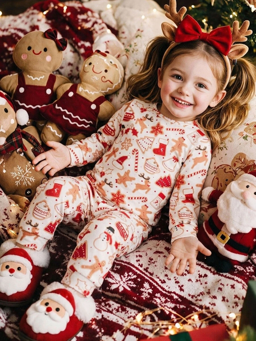 Set Piyama Rajut Motif Natal untuk Anak Perempuan, Atasan dan Celana Panjang Model Slim Fit, 2 Potong - MultiWarna - View 1