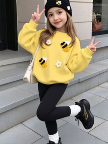 SHEIN Genkimix Kids 女童甜美可愛 3D 蜜蜂與花朵毛絨長袖運動衫與長褲套裝，適合日常休閒穿著，春/秋/冬/聖誕節 - 黃色 - 查看 1