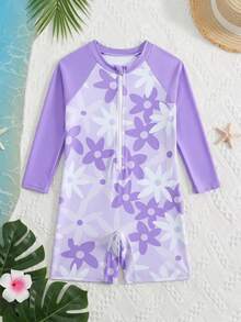 SHEIN Girls' One-Piece Swimsuit,Long-Sleeved Front Zipper Floral Pattern High-Elastic Swimwear,1pc Skin-Friendly Soft Summer Beach Baby Shower Brown - Mauve Purple - View 2