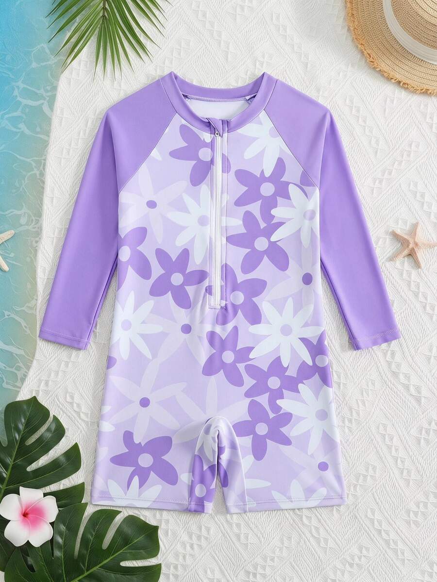 SHEIN Girls' One-Piece Swimsuit,Long-Sleeved Front Zipper Floral Pattern High-Elastic Swimwear,1pc Skin-Friendly Soft Summer Beach Baby Shower Brown