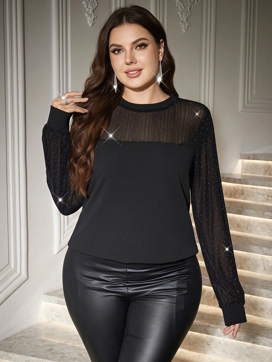 Reflora Plus Size Long Sleeve Round Neck Rhinestone Transparent Women's Blouse Party Cocktail Formal Dinner Going Out Night Black And White Fall Elegant Sexy - Black - View 1