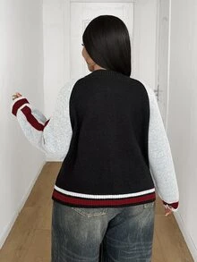 Maweii Women's Autumn/Winter Open Collar Zipper Raglan Sleeve Striped Colorblock College Sports Style Casual Minimalist Streetwear Versatile Party Loose Short Cardigan Plus Size 2026 Newest - Multicolor - View 4