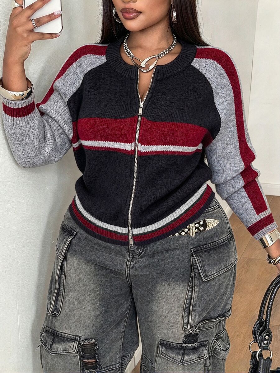Maweii Women's Autumn/Winter Open Collar Zipper Raglan Sleeve Striped Colorblock College Sports Style Casual Minimalist Streetwear Versatile Party Loose Short Cardigan Plus Size 2026 Newest