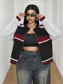 Maweii Women's Autumn/Winter Open Collar Zipper Raglan Sleeve Striped Colorblock College Sports Style Casual Minimalist Streetwear Versatile Party Loose Short Cardigan Plus Size 2026 Newest - Multicolor - View 6