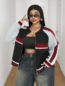 Maweii Women's Autumn/Winter Open Collar Zipper Raglan Sleeve Striped Colorblock College Sports Style Casual Minimalist Streetwear Versatile Party Loose Short Cardigan Plus Size 2026 Newest - Multicolor - View 5