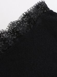 Sweetra Women's Sexy Black Lace Patchwork Asymmetric Shoulder Fitted Casual Versatile Daily Commute Date Outfit Autumn/Winter Sweater - Black - View 5