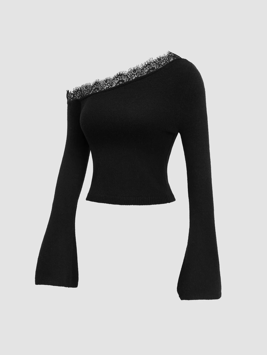 Sweetra Women's Sexy Black Lace Patchwork Asymmetric Shoulder Fitted Casual Versatile Daily Commute Date Outfit Autumn/Winter Sweater - Black - View 1