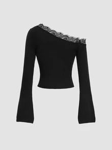 Sweetra Women's Sexy Black Lace Patchwork Asymmetric Shoulder Fitted Casual Versatile Daily Commute Date Outfit Autumn/Winter Sweater - Black - View 2