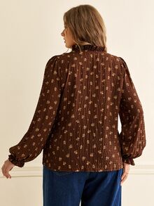 Écloséra Curve Plus Size Women's French Vintage Corset Capsule Ditsy Floral Ruffle V-Neck Puff Sleeve Front Button Blouse Brown Beach Evening Thanksgiving Fall - Coffee Brown - View 2