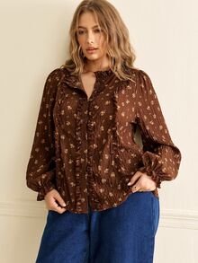 Écloséra Curve Plus Size Women's French Vintage Corset Capsule Ditsy Floral Ruffle V-Neck Puff Sleeve Front Button Blouse Brown Beach Evening Thanksgiving Fall - Coffee Brown - View 4