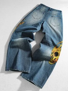 ROMWE MEN Nostalgic Vintage Washed Denim Fashion Distressed Printed Casual Men's Jeans - Blue - View 2