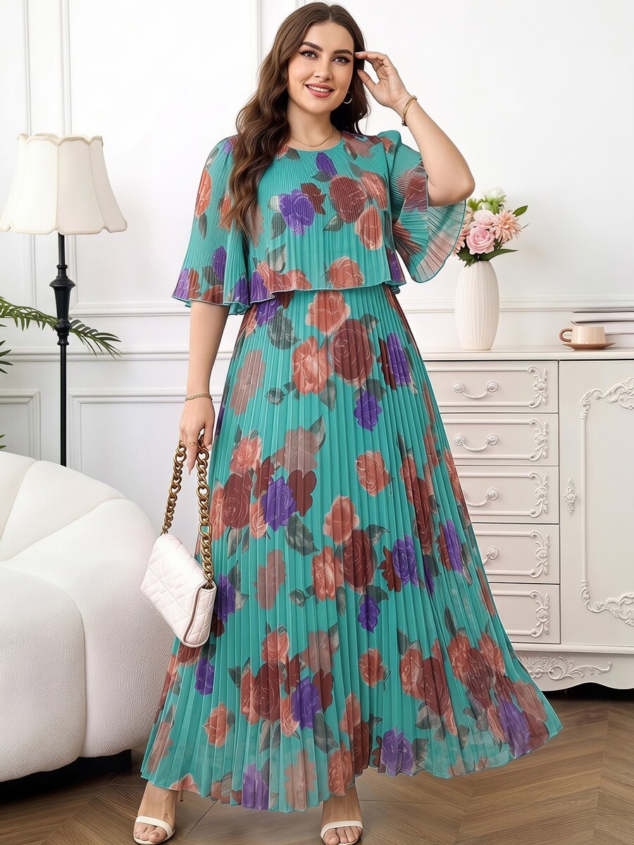 Reflora Plus Size Women's Summer Dress, Elegant Pleated Chiffon Semi-Sheer Long Flowy Dress - Multicolor - View 1