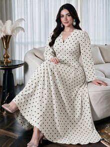 Cirelune Plus Size Women's Brown Knitted Digital Print Polka Dot Fabric Button Waist Cinched A-Line Elegant Romantic Dress Fall - Apricot - View 3