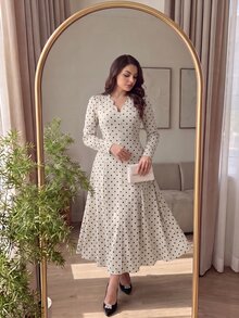 Cirelune Plus Size Women's Brown Knitted Digital Print Polka Dot Fabric Button Waist Cinched A-Line Elegant Romantic Dress Fall - Apricot - View 1