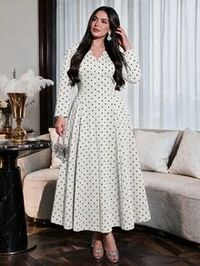 Cirelune Plus Size Women's Brown Knitted Digital Print Polka Dot Fabric Button Waist Cinched A-Line Elegant Romantic Dress Fall - Apricot - View 4