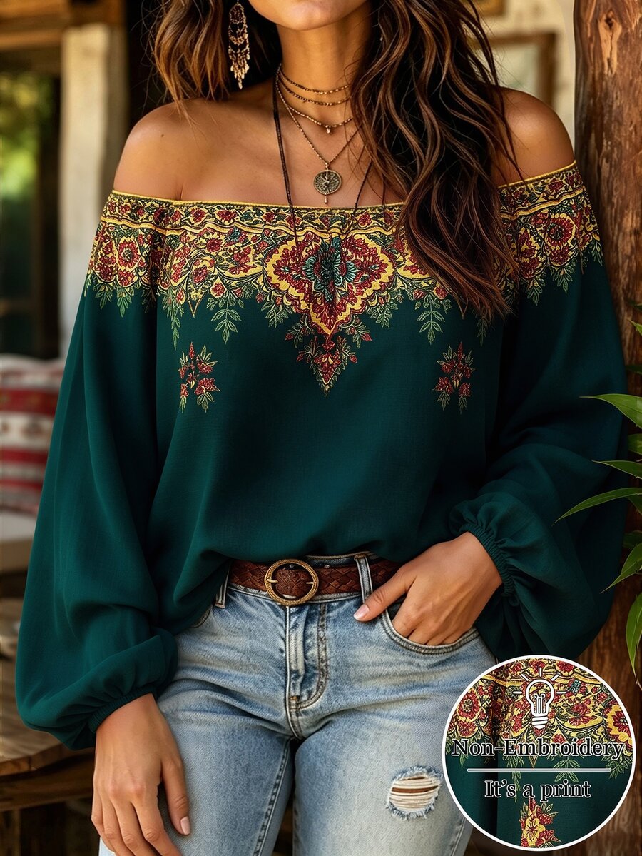 Linhara CURVE Women's Plus Size Off-Shoulder Printed Long Sleeve Blouse, Casual Commute Pastoral Top, Autumn/Winter Shirt Fall - Dark Green - View 1
