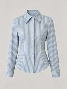 Sweetra Plus Size Women's Striped Casual Everyday Long Sleeve Shirt - Blue - View 1