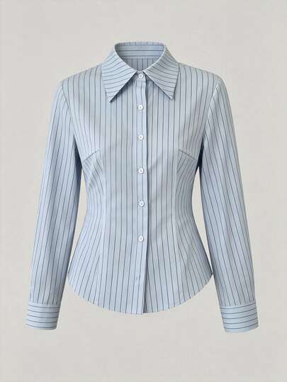 Sweetra Plus Size Women's Striped Casual Everyday Long Sleeve Shirt