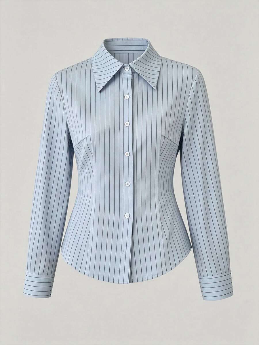 Sweetra Plus Size Women's Striped Casual Everyday Long Sleeve Shirt - Blue - View 1