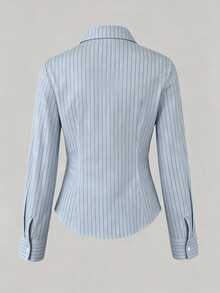 Sweetra Plus Size Women's Striped Casual Everyday Long Sleeve Shirt - Blue - View 2
