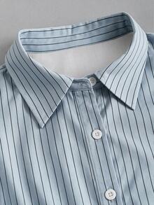 Sweetra Plus Size Women's Striped Casual Everyday Long Sleeve Shirt - Blue - View 5