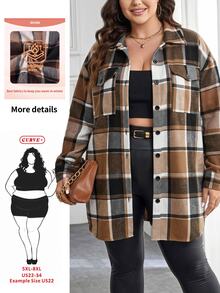 SHEIN CURVE+ Women's Plus Size Plaid Jacquard Tweed Dropped Shoulder Pocket Patchwork Lining Coat, Suitable For Autumn/Winter, 5XL-8XL Fall - Brown - View 7