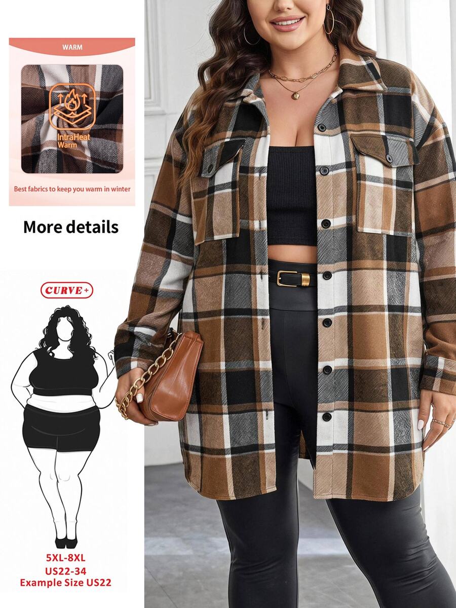 SHEIN CURVE+ Women's Plus Size Plaid Jacquard Tweed Dropped Shoulder Pocket Patchwork Lining Coat, Suitable For Autumn/Winter, 5XL-8XL Fall - Brown - View 1