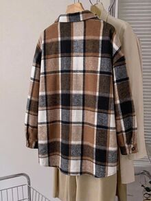 SHEIN CURVE+ Women's Plus Size Plaid Jacquard Tweed Dropped Shoulder Pocket Patchwork Lining Coat, Suitable For Autumn/Winter, 5XL-8XL Fall - Brown - View 2