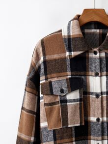 SHEIN CURVE+ Women's Plus Size Plaid Jacquard Tweed Dropped Shoulder Pocket Patchwork Lining Coat, Suitable For Autumn/Winter, 5XL-8XL Fall - Brown - View 4
