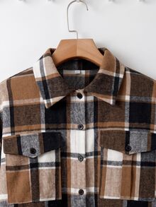 SHEIN CURVE+ Women's Plus Size Plaid Jacquard Tweed Dropped Shoulder Pocket Patchwork Lining Coat, Suitable For Autumn/Winter, 5XL-8XL Fall - Brown - View 5